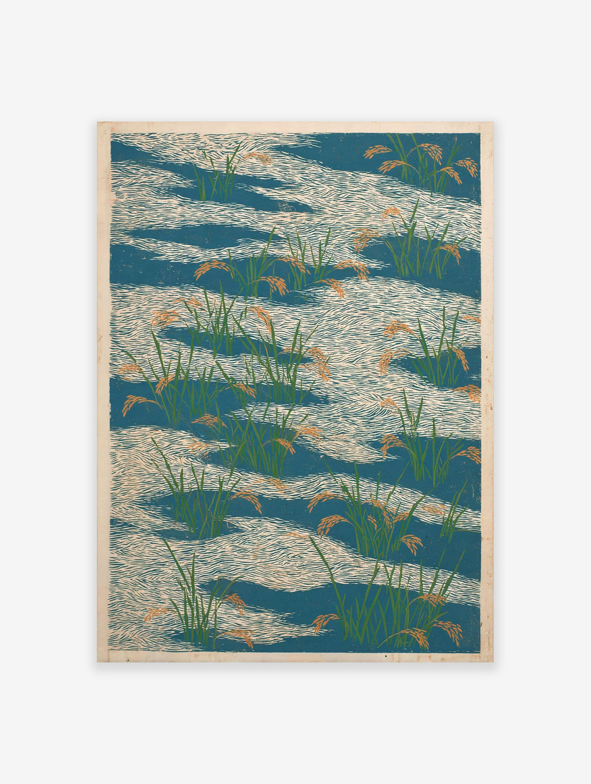 Japanese rice paddy poster with green rice plants and orange grains in blue water with white wave patterns.