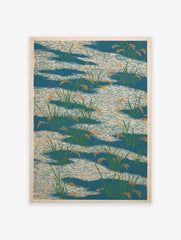 Japanese rice paddy poster with green rice plants and orange grains in blue water with white wave patterns.
