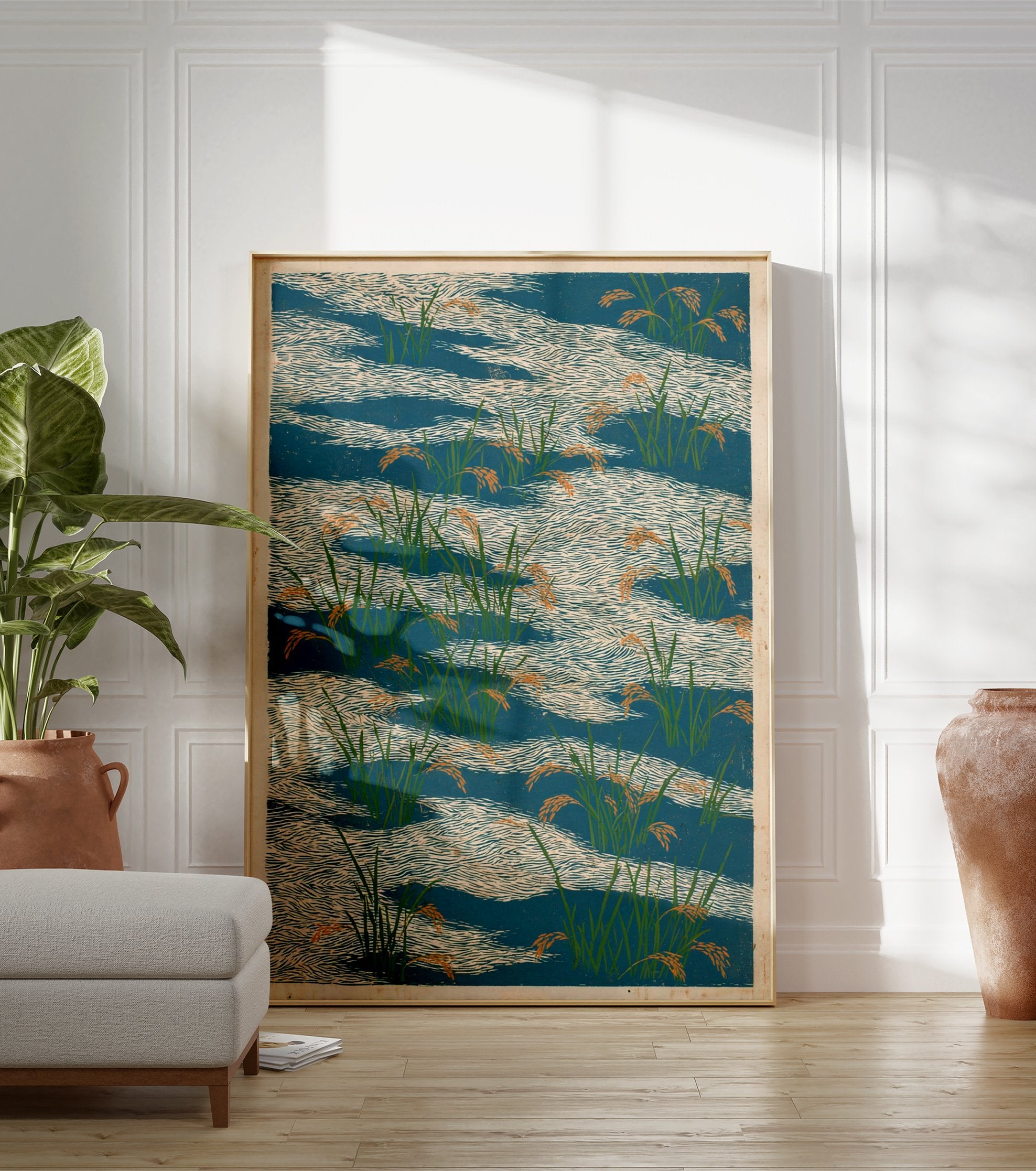 Japanese rice paddy poster with green rice plants and orange grains in blue water with white wave patterns. - Image 3