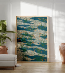 Japanese rice paddy poster with green rice plants and orange grains in blue water with white wave patterns. - Image 3