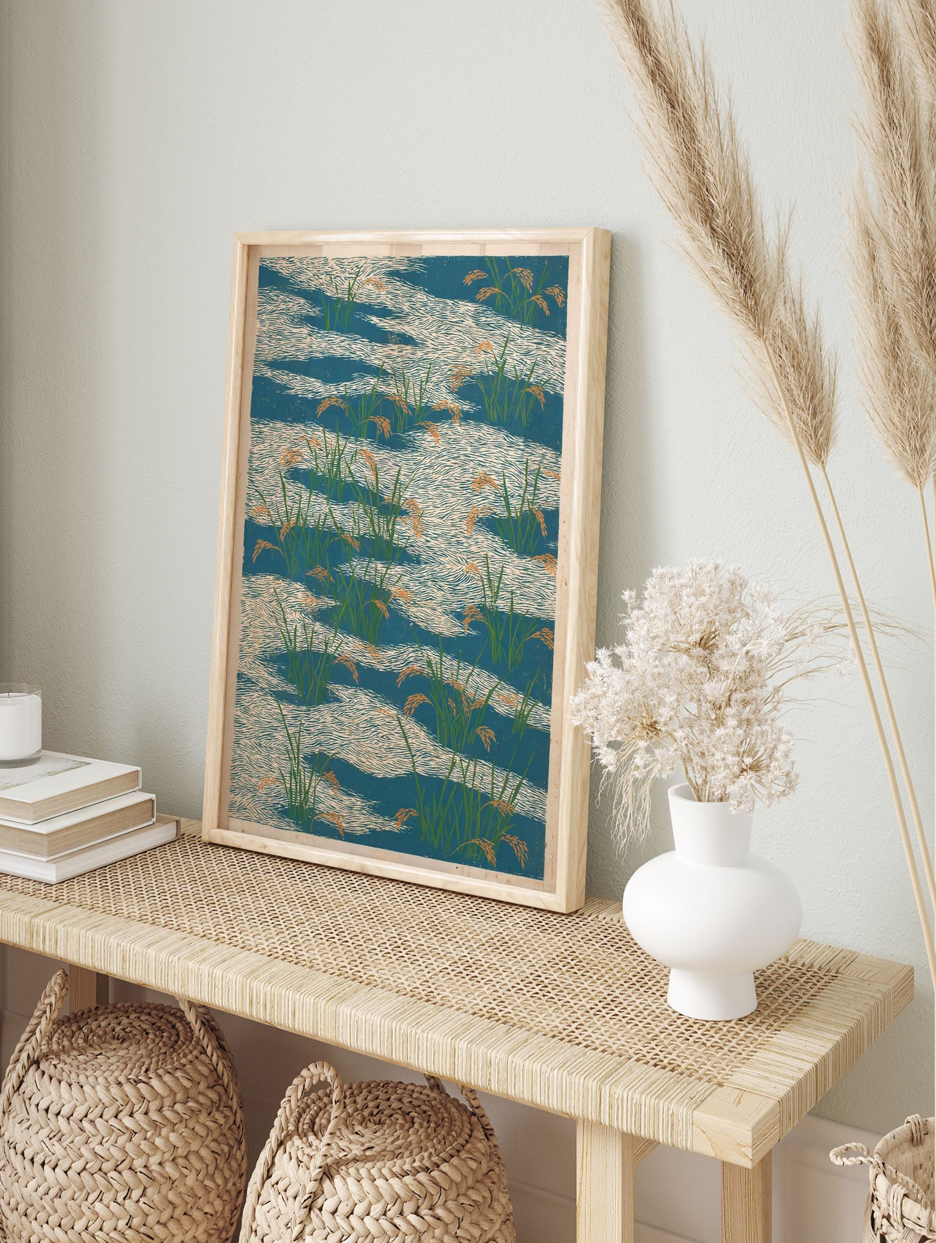 Japanese rice paddy poster with green rice plants and orange grains in blue water with white wave patterns. - Image 4