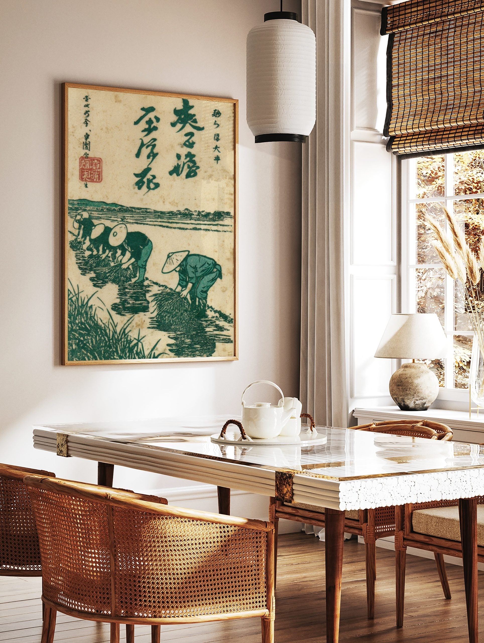 Japanese woodblock print showing four rice planters in a green paddy field with distant hills and, in a styled room mockup