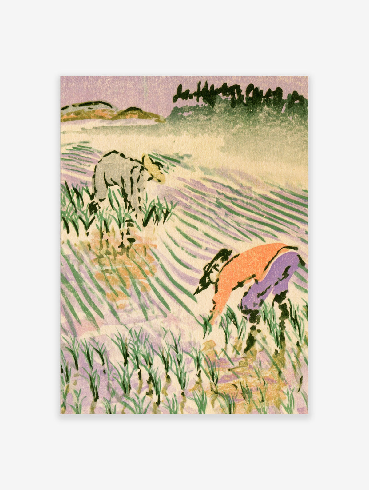 Japanese rice planting poster with farmer and ox in a paddy field, green shoots and lilac sky