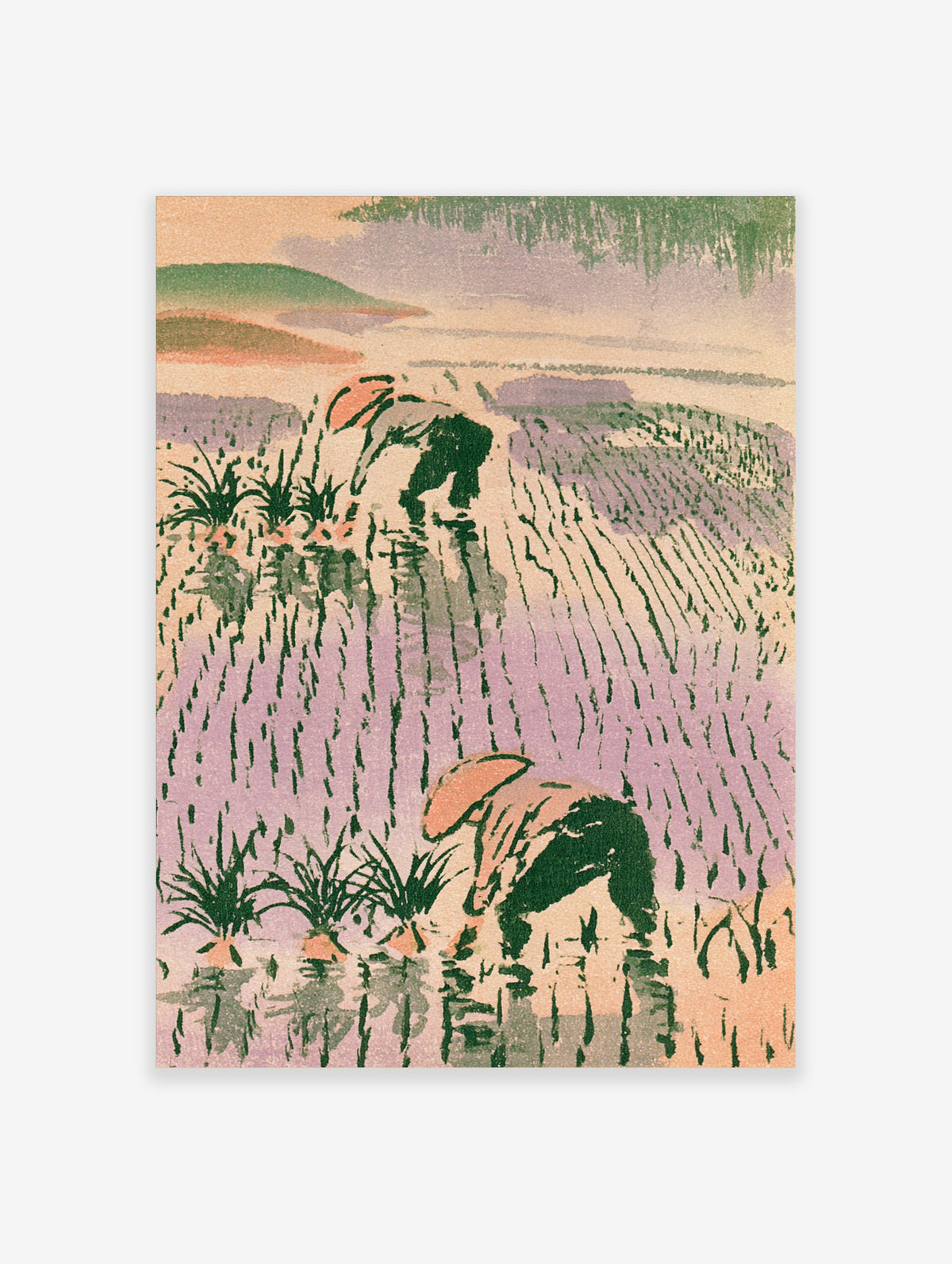 Japanese rice planting poster showing two farmers in a flooded paddy field with green shoots and lilac water
