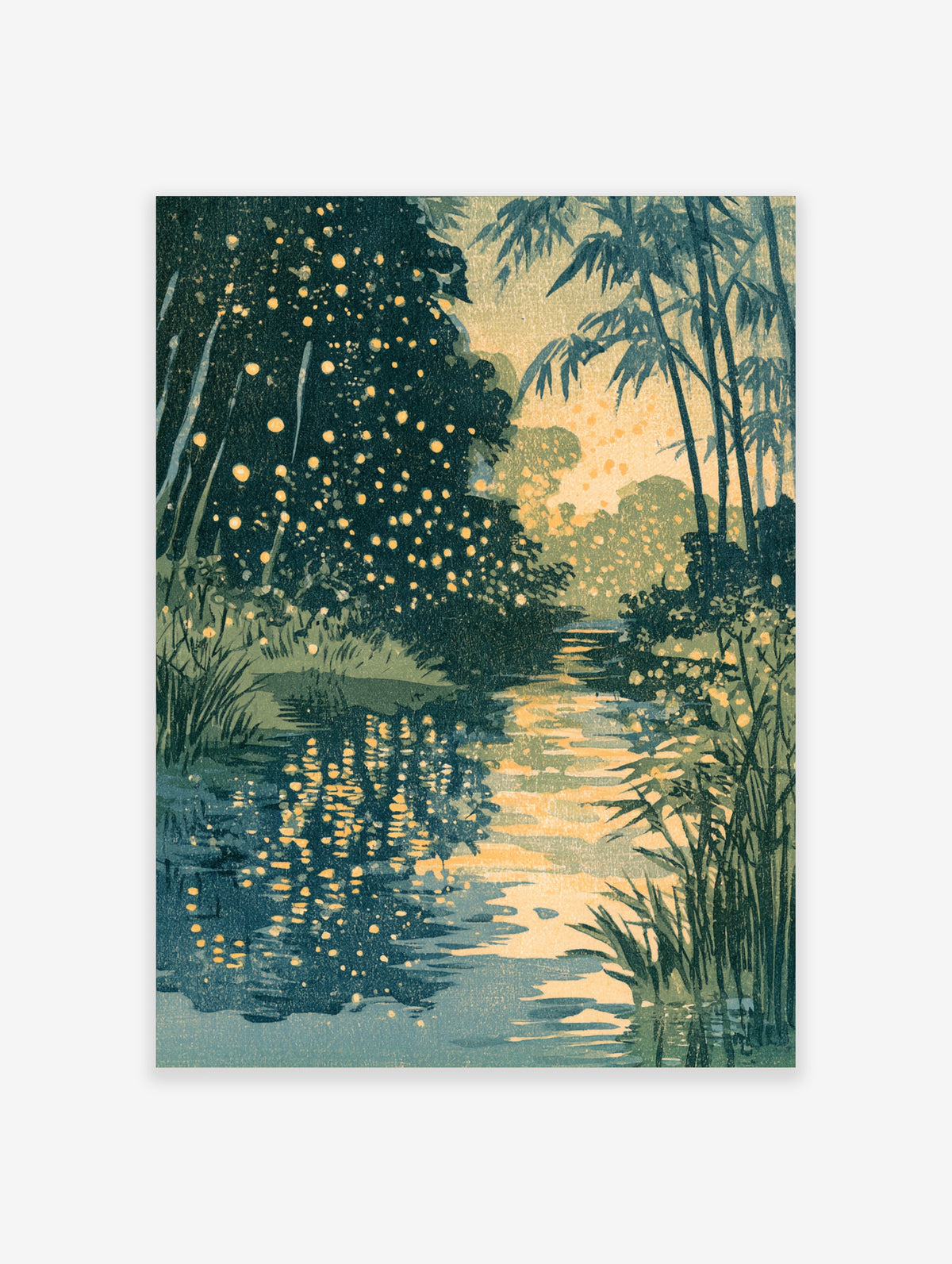 Japanese river landscape poster with bamboo forest, green foliage, and golden light reflections on water