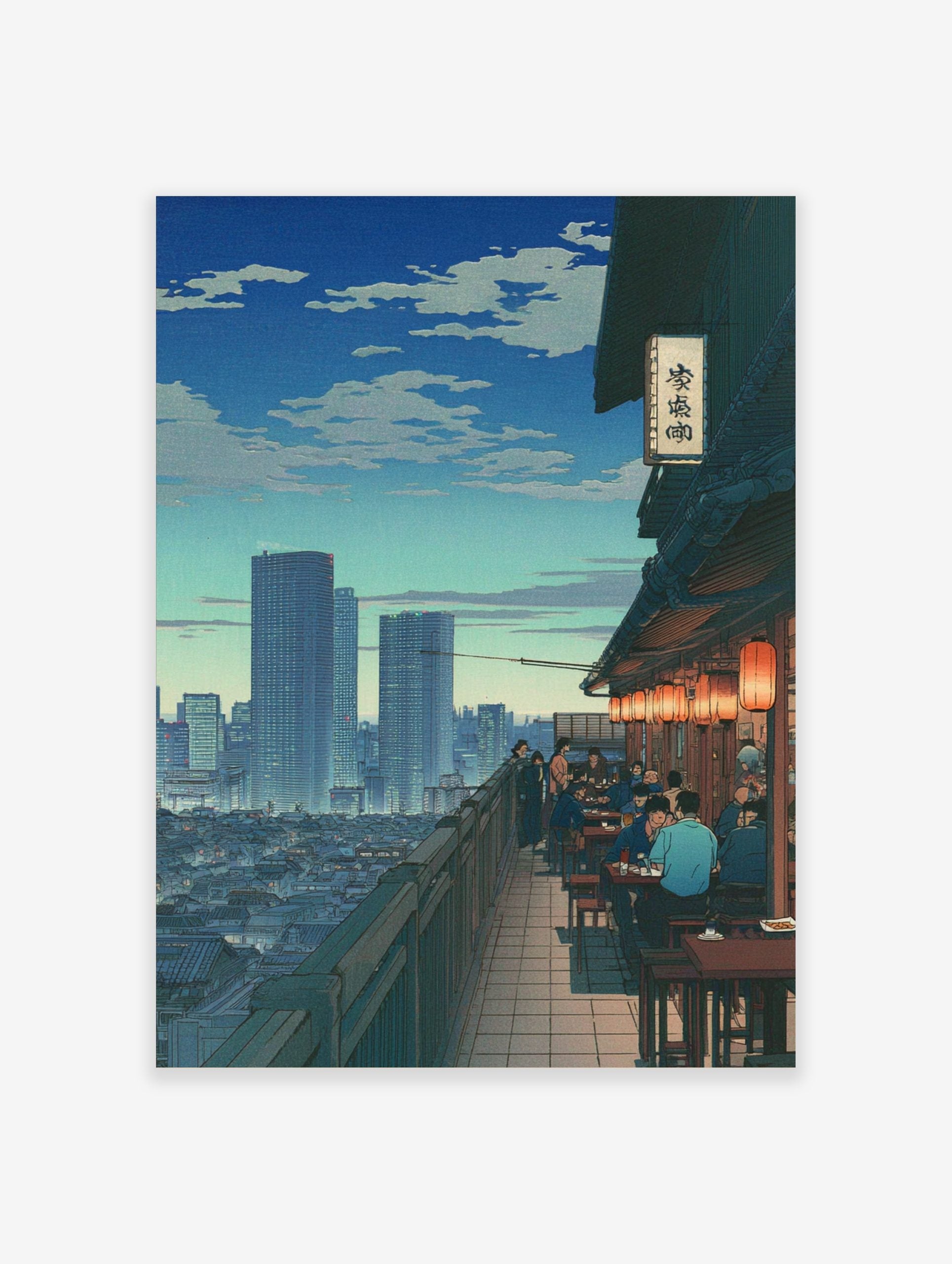 Illustrative Japanese rooftop restaurant overlooking a city skyline with skyscrapers and lanterns at dusk