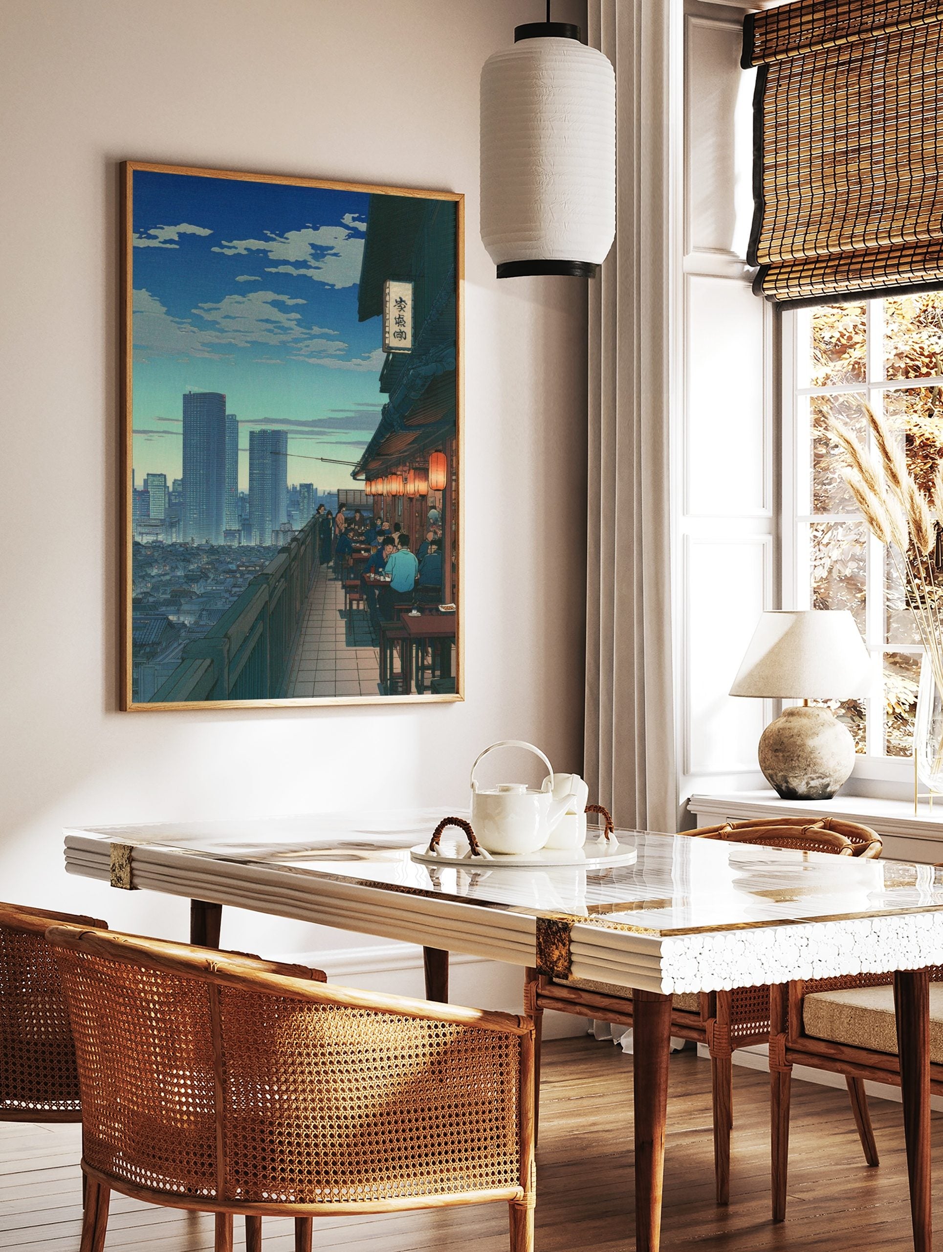 Illustrative Japanese rooftop restaurant overlooking a city skyline with skyscrapers and lanterns, in a styled room mockup