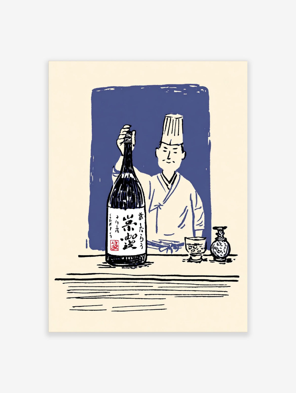 Japanese chef in hat holding large sake bottle, with sake cup and carafe on table, blue background