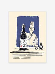 Japanese chef in hat holding large sake bottle, with sake cup and carafe on table, blue background