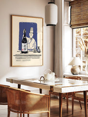 Japanese chef in hat holding large sake bottle, with sake cup and carafe on table, blue background, in a styled room mockup