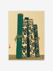 Japanese scroll wall art print showcasing five rolled green and floral patterned scrolls on a light background, with a red seal.