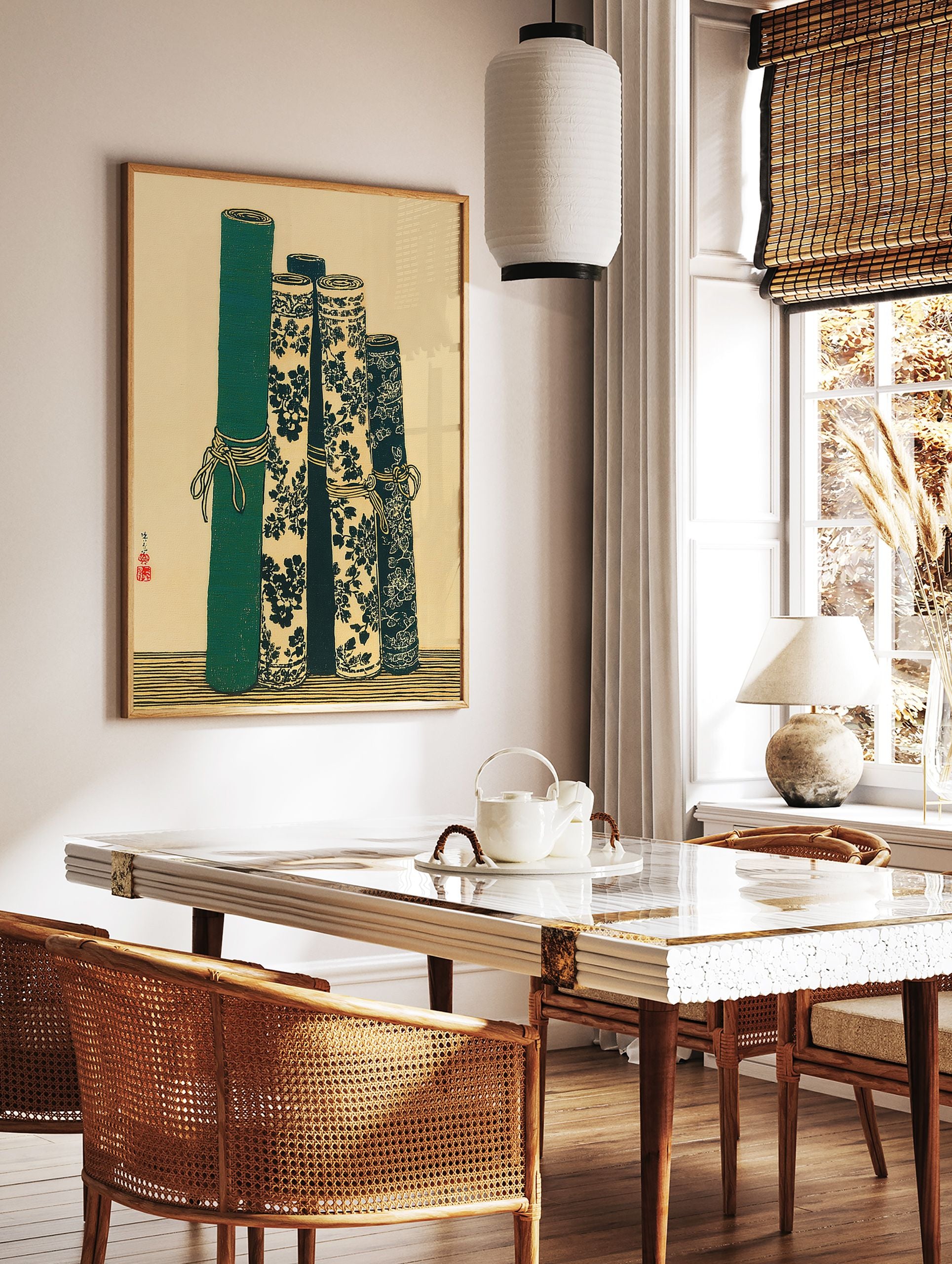 Japanese scroll wall art print showcasing five rolled green and floral patterned scrolls on a light background, with a red seal. - Image 2