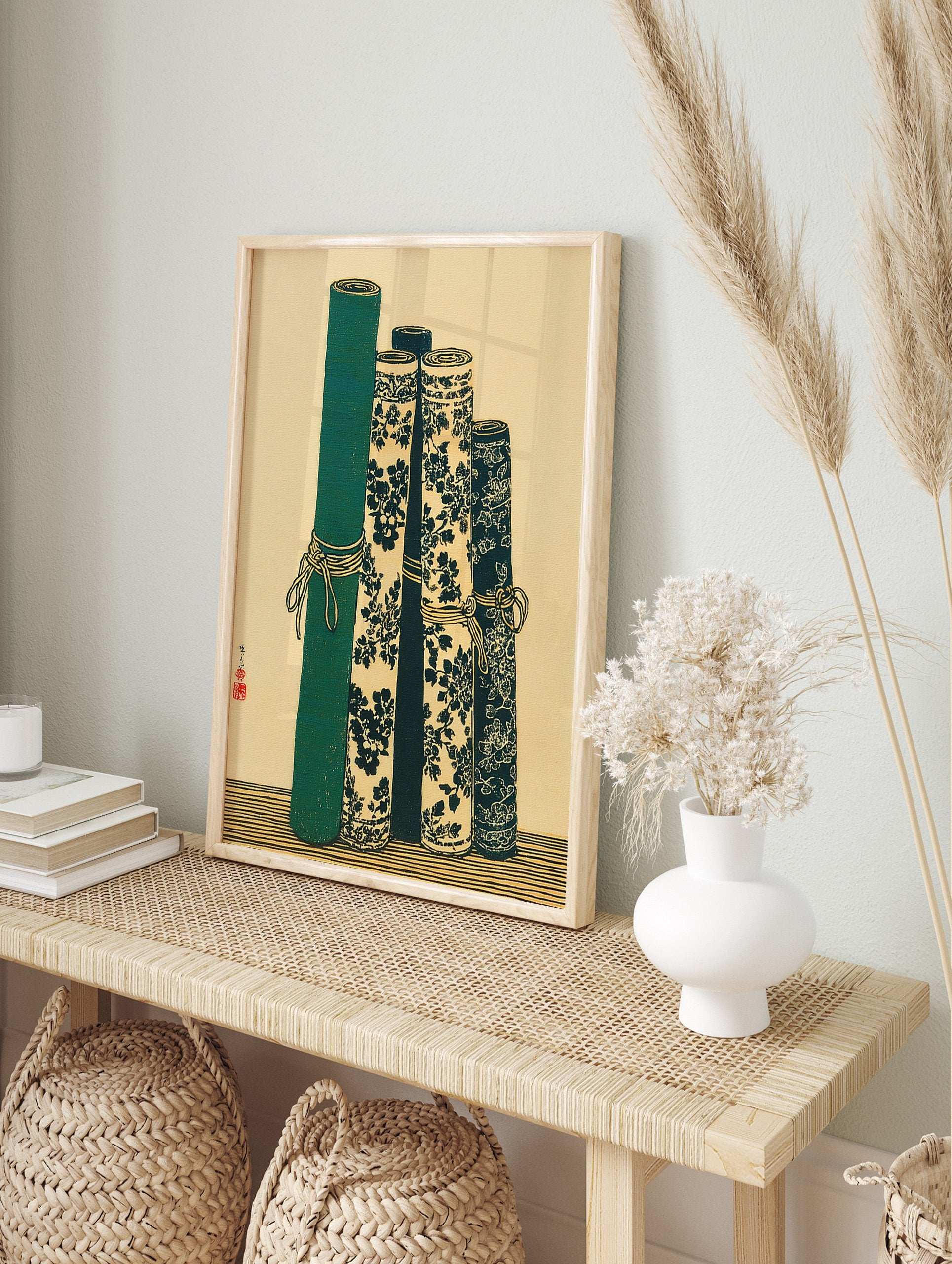 Japanese scroll wall art print showcasing five rolled green and floral patterned scrolls on a light background, with a red seal. - Image 3