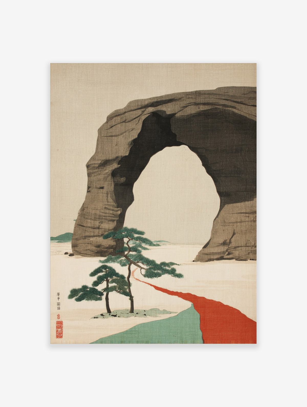 Japanese sea arch wall art with pine trees and red path, beige sky, coastal rock print