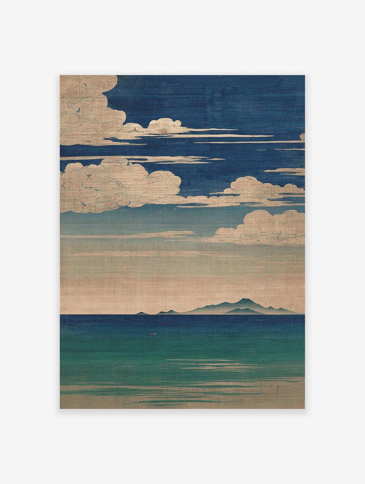 Japanese seascape wall art featuring a deep blue sky with white clouds, distant mountains, and calm blue-green ocean.
