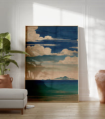 Japanese seascape wall art featuring a deep blue sky with white clouds, distant mountains, and calm blue-green ocean. - Image 3