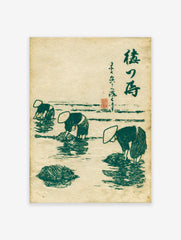 Japanese ukiyo-e style print of three figures in conical hats harvesting seaweed in green and beige