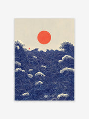 Japanese Seigaiha wave pattern art print with a red sun over a deep blue ocean