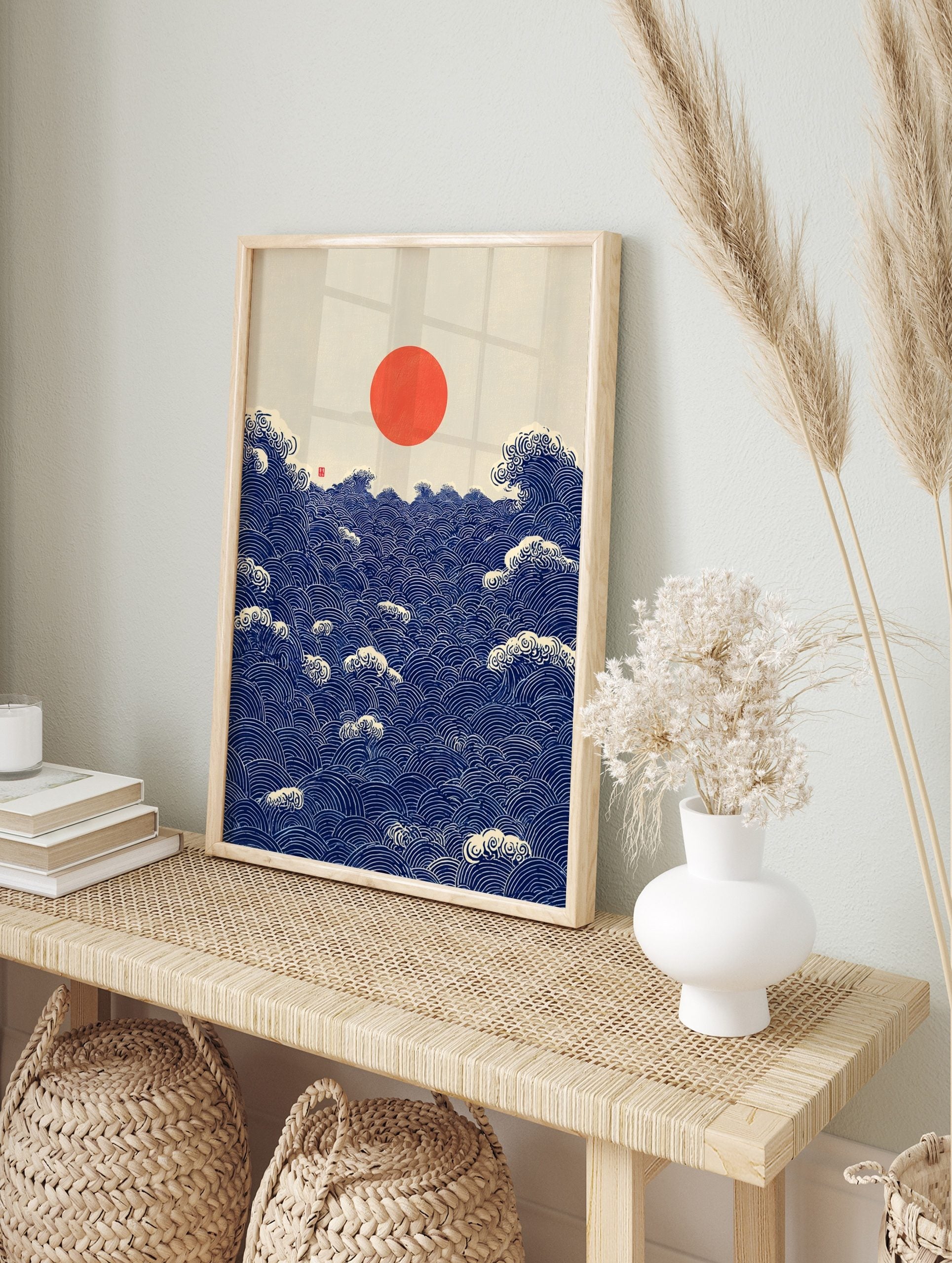 Japanese Seigaiha wave pattern art print with a red sun over a deep blue ocean, in an alternate framed mockup