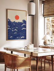 Japanese Seigaiha wave pattern art print with a red sun over a deep blue ocean, in a styled room mockup