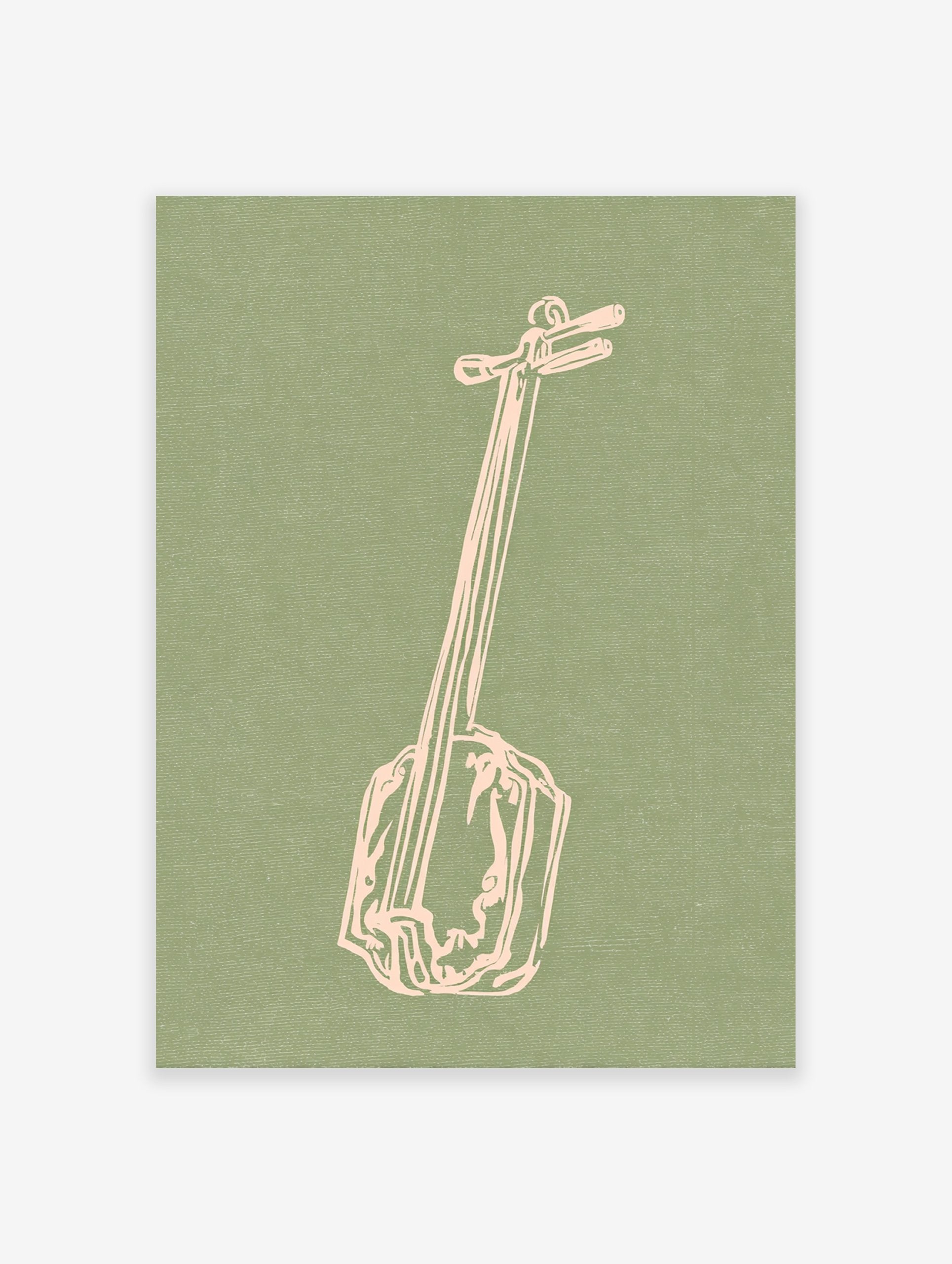 Light pink illustration of a Japanese shamisen instrument on a textured, muted green background art print