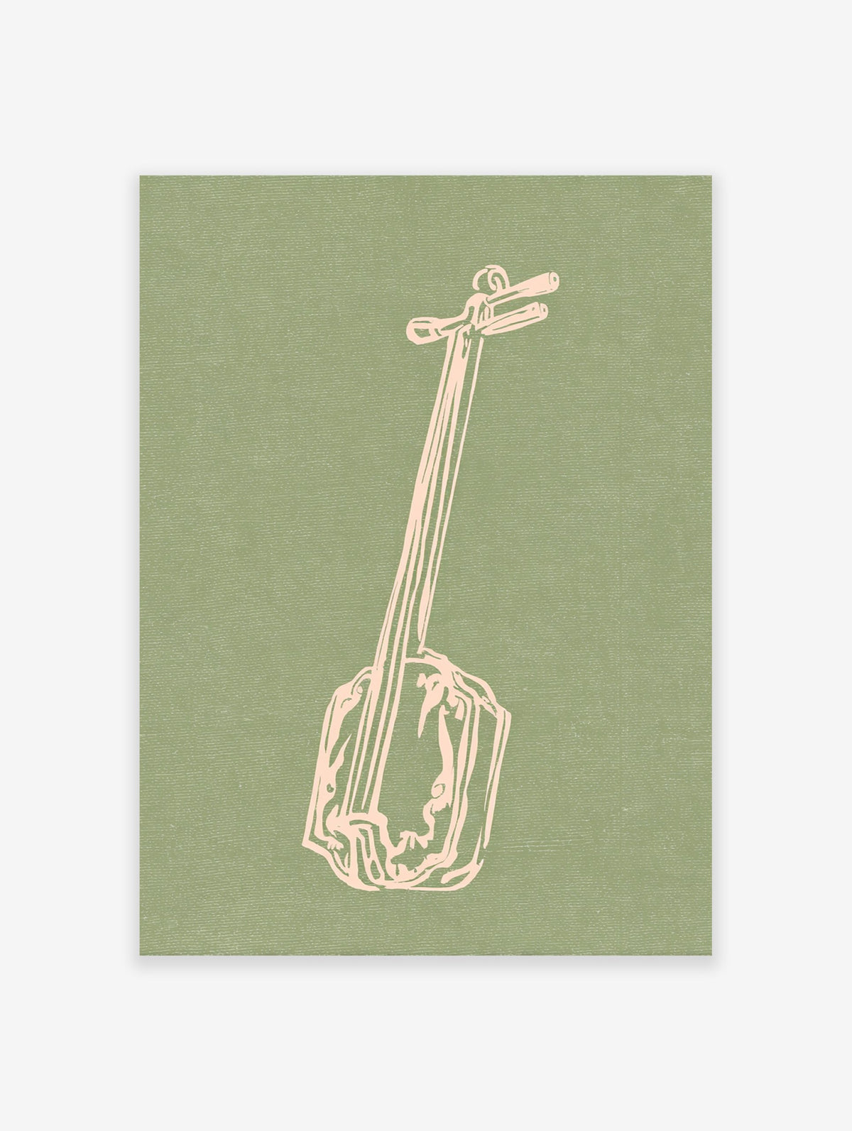 Light pink illustration of a Japanese shamisen instrument on a textured, muted green background art print