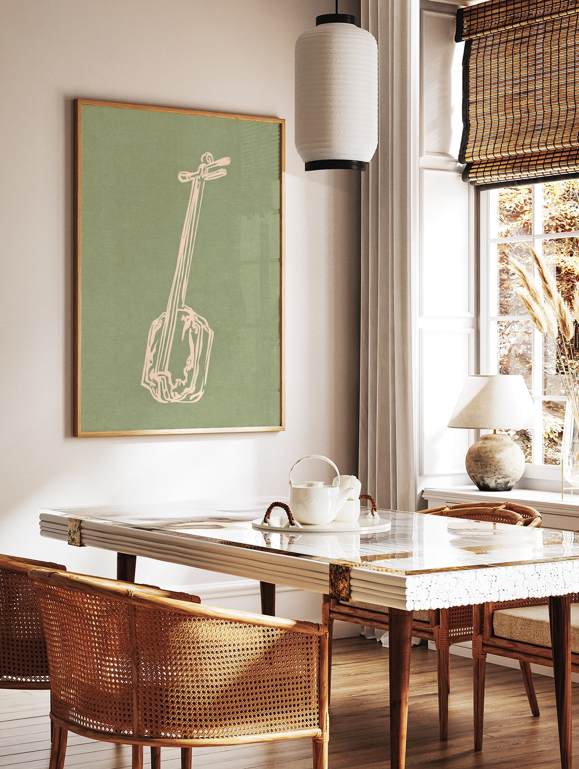 Light pink illustration of a Japanese shamisen instrument on a textured, muted green background art print - Image 2