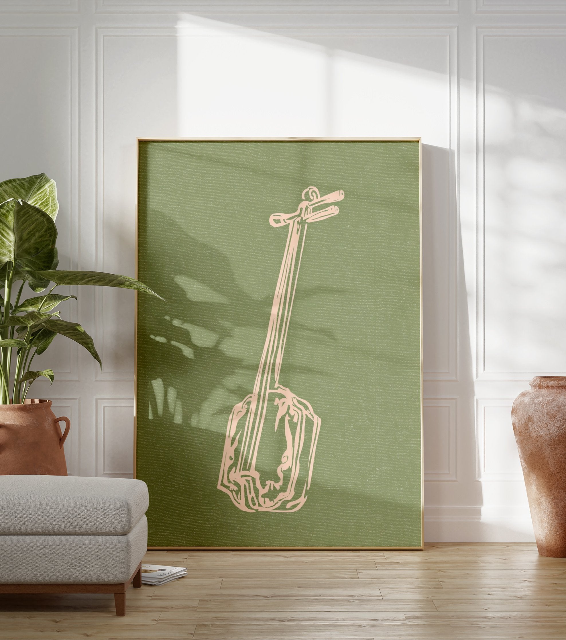 Light pink illustration of a Japanese shamisen instrument on a textured, muted green background art print - Image 3