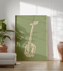 Light pink illustration of a Japanese shamisen instrument on a textured, muted green background art print - Image 3