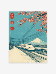 Japanese woodblock-style print of Shinkansen bullet train, Mount Fuji, and red cherry blossoms under a blue sky
