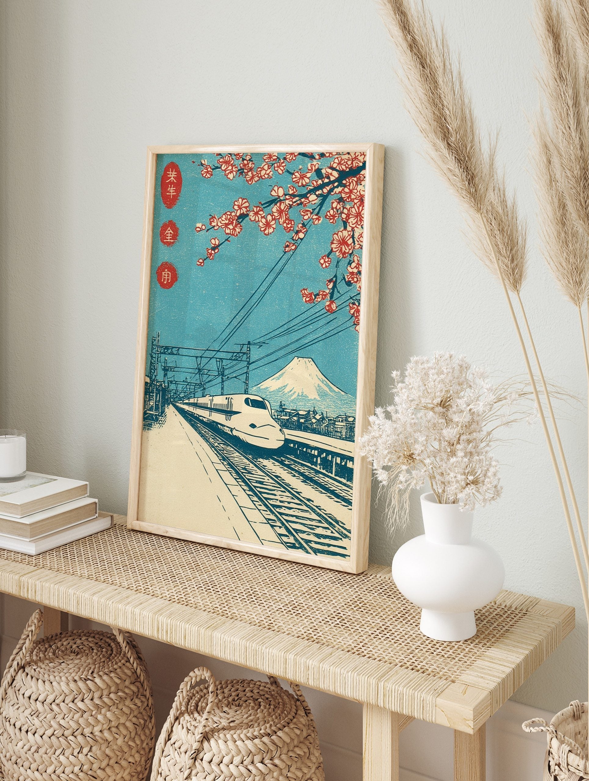Japanese woodblock-style print of Shinkansen bullet train, Mount Fuji, and red cherry, in an alternate framed mockup