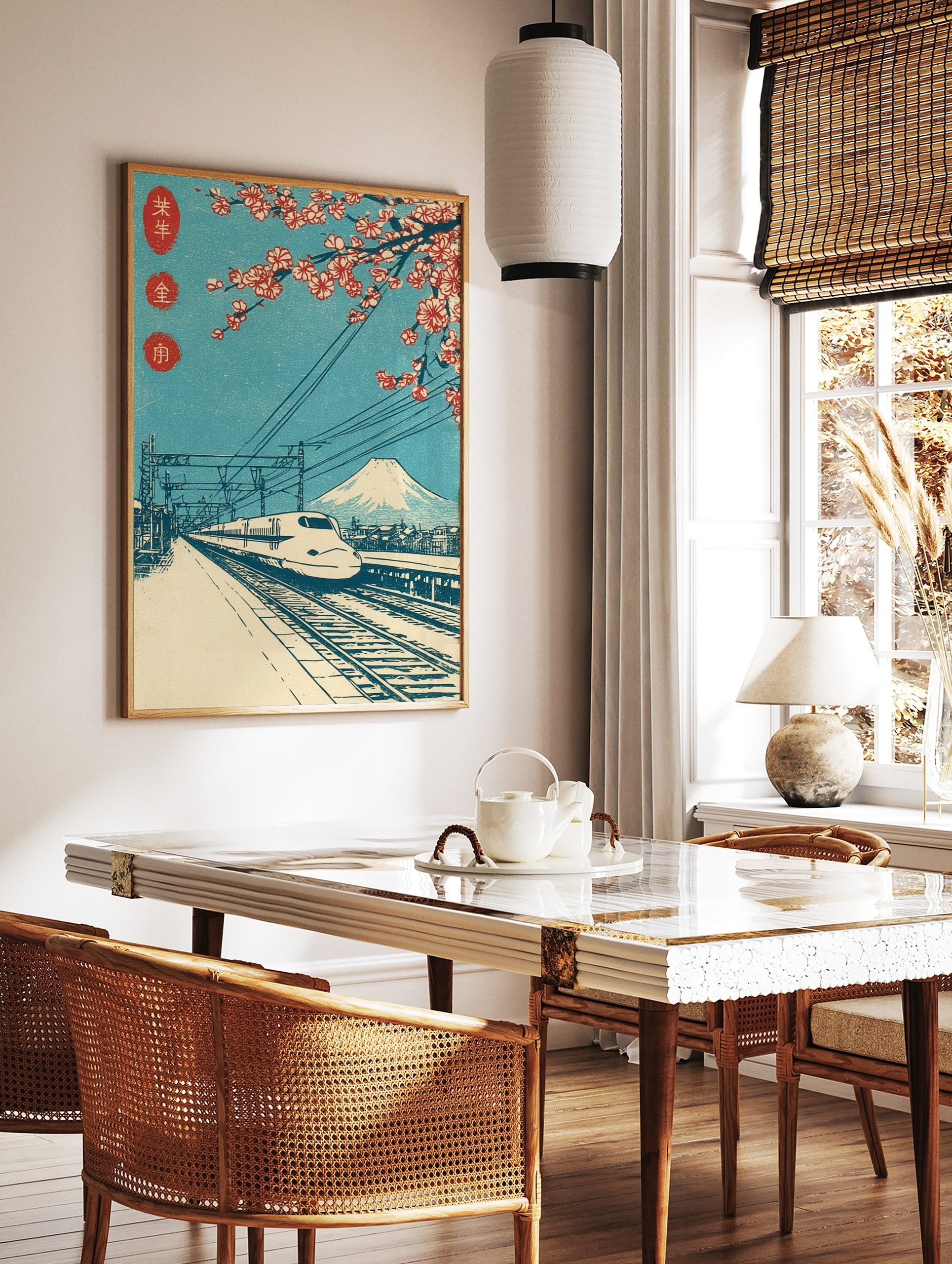Japanese woodblock-style print of Shinkansen bullet train, Mount Fuji, and red cherry blossoms, in a styled room mockup