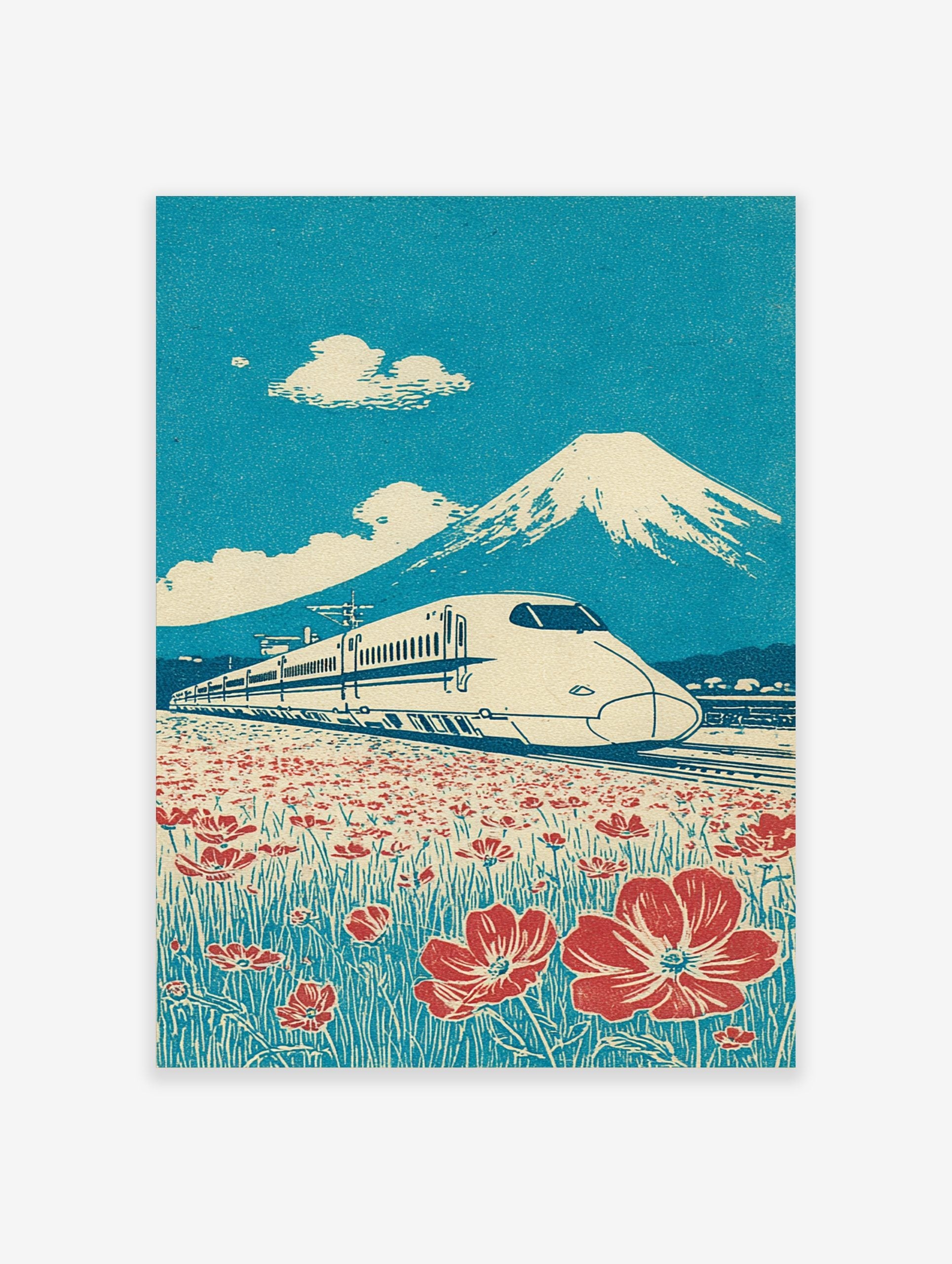 Japanese Shinkansen bullet train passing red flowers with Mount Fuji and blue sky in retro woodblock style