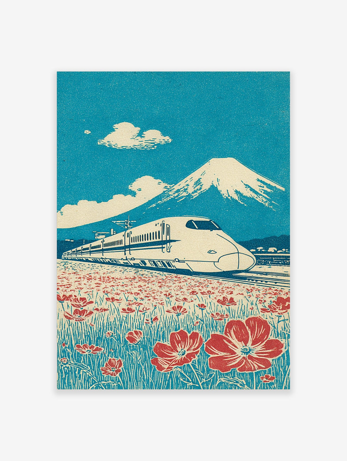 Japanese Shinkansen bullet train passing red flowers with Mount Fuji and blue sky in retro woodblock style