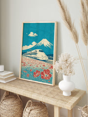 Japanese Shinkansen bullet train passing red flowers with Mount Fuji and blue sky in retro, in an alternate framed mockup