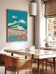 Japanese Shinkansen bullet train passing red flowers with Mount Fuji and blue sky in retro, in a styled room mockup