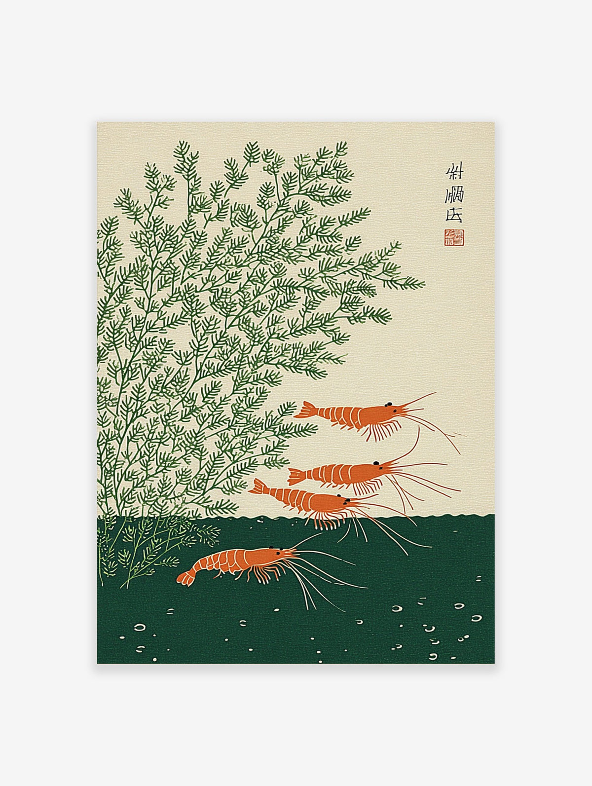 Japanese shrimp wall art featuring orange prawns and green aquatic plants in a woodblock print style