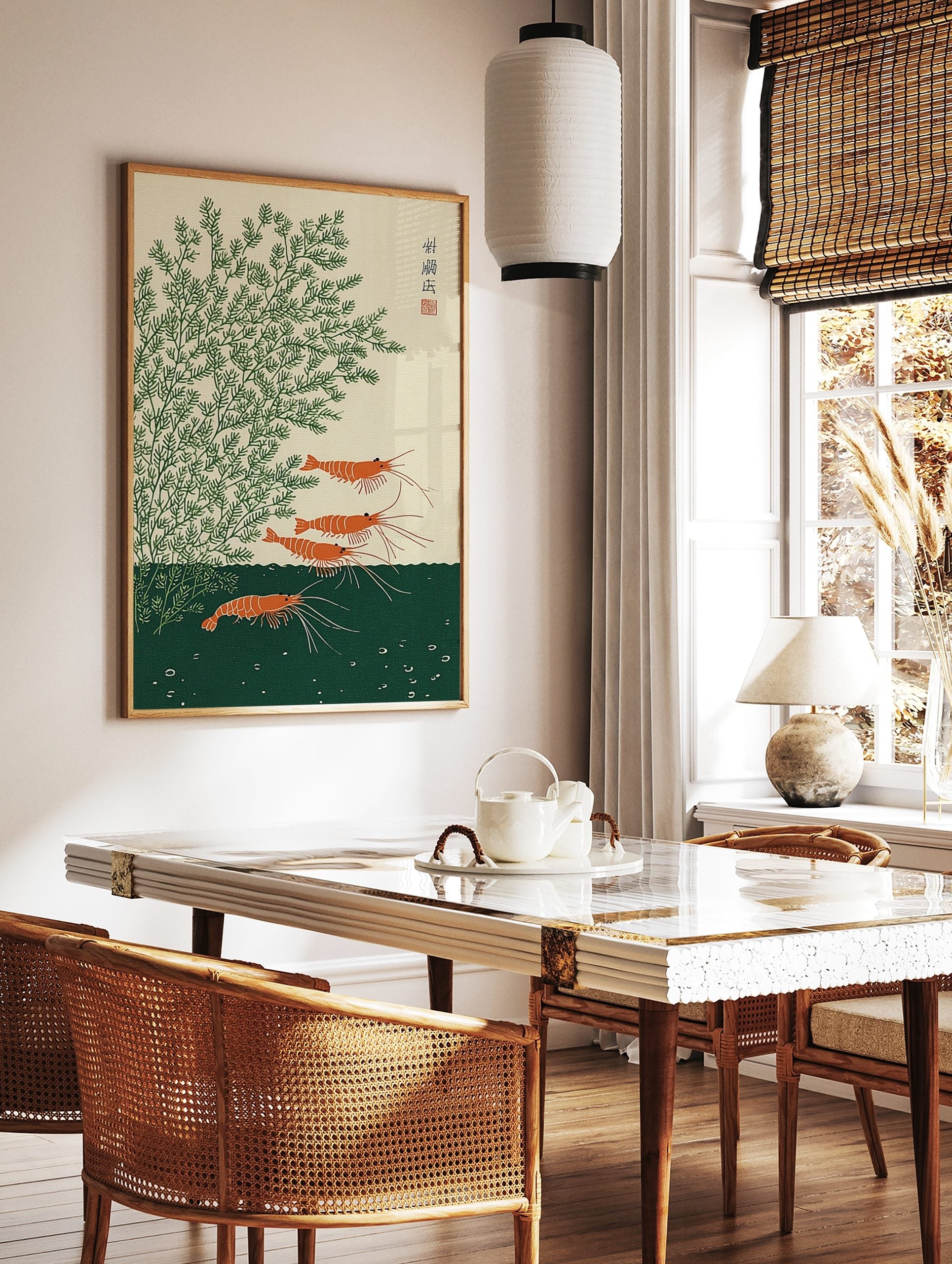 Japanese shrimp wall art featuring orange prawns and green aquatic plants in a woodblock print style, in a styled room mockup