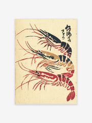 Japanese woodblock print style art featuring three red, black, and gold shrimp with Kanji text on a light background