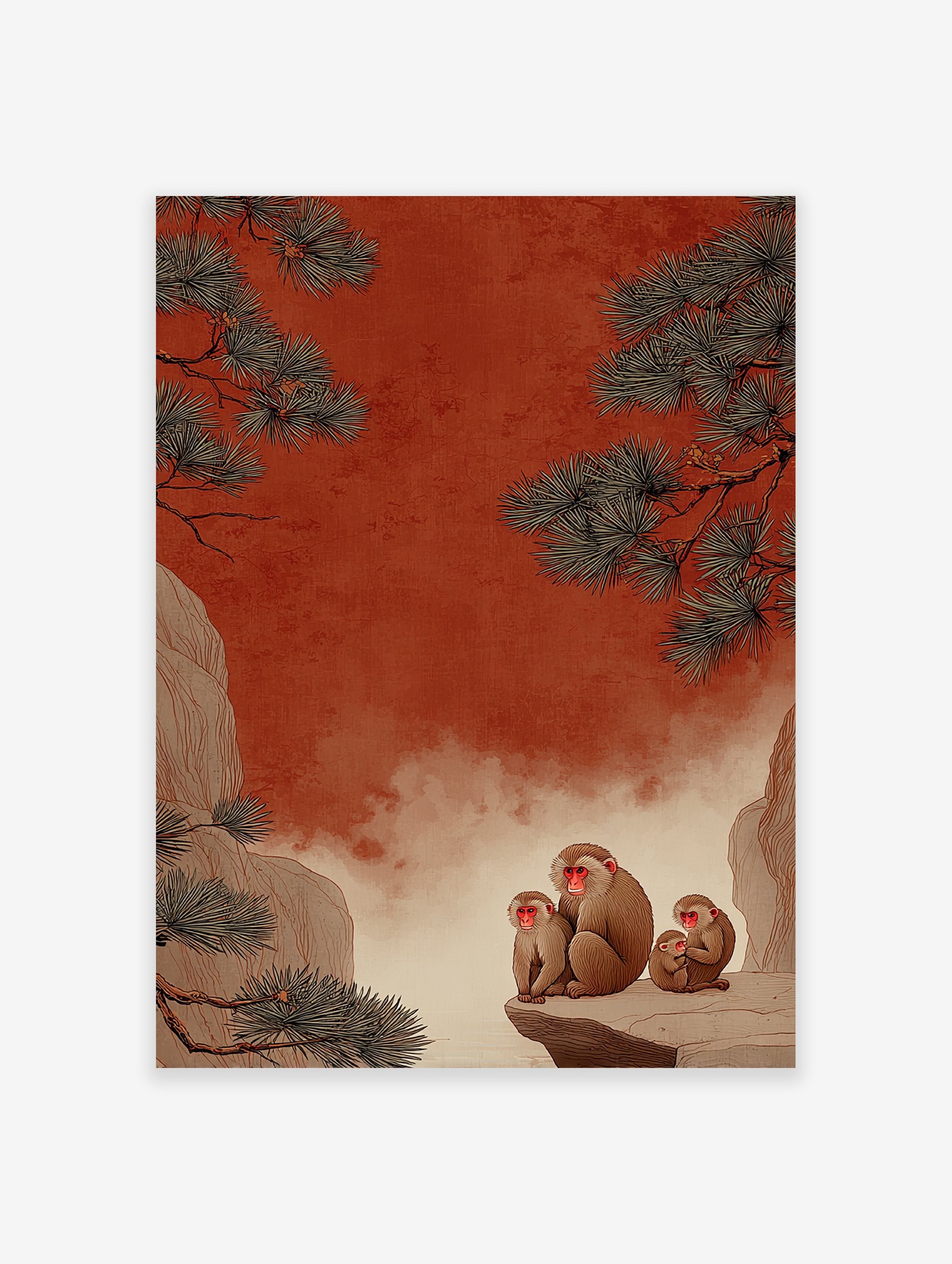 Japanese snow monkeys and pine trees on a red background, illustrated in a traditional style.