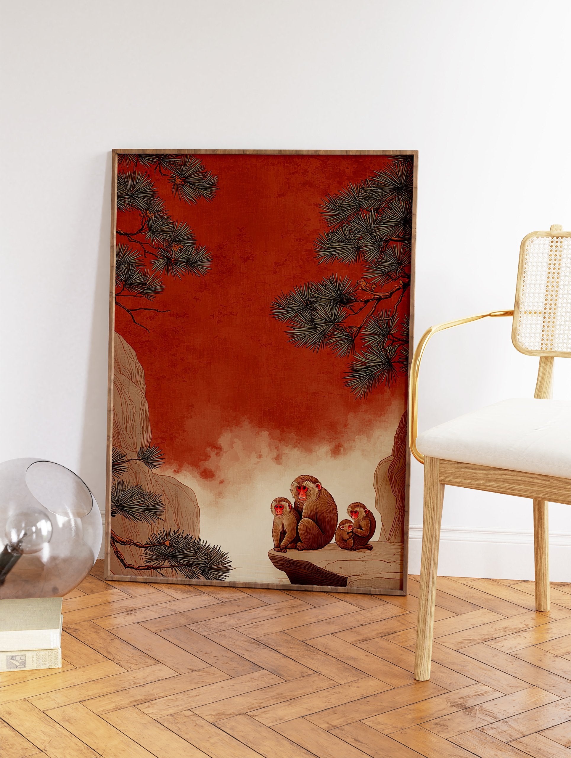 Japanese snow monkeys and pine trees on a red background, illustrated in a traditional style. - Image 2
