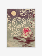 Japanese Snow Monkey in hot spring under moon, with swirling steam, Ukiyo-e style woodblock print