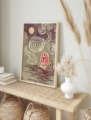 Japanese Snow Monkey in hot spring under moon, with swirling steam, Ukiyo-e style woodblock, in an alternate framed mockup