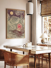 Japanese Snow Monkey in hot spring under moon, with swirling steam, Ukiyo-e style woodblock print, in a styled room mockup