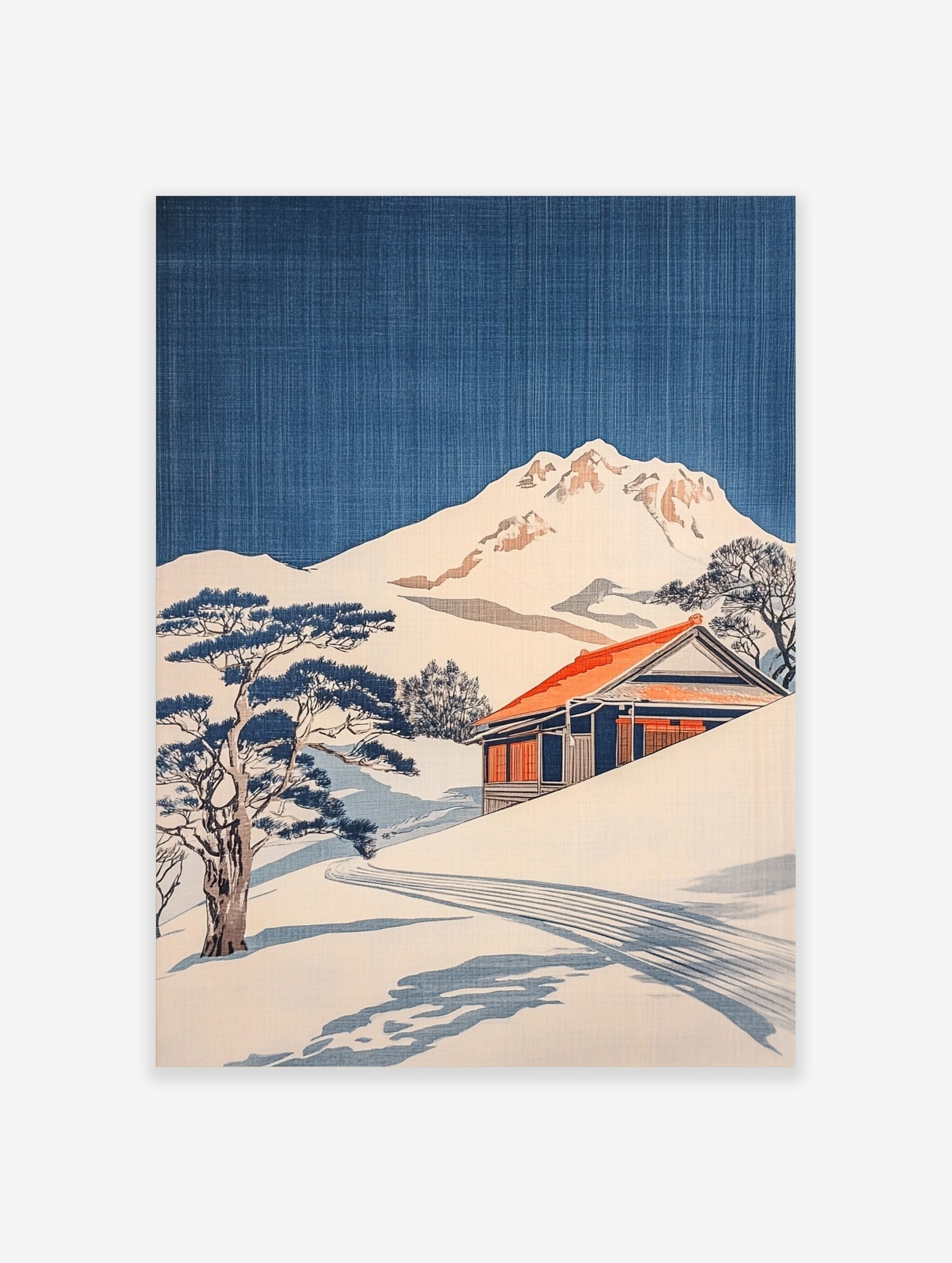 Japanese woodblock style print of a snowy mountain, traditional house with red roof, and pine trees