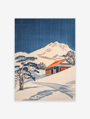 Japanese woodblock style print of a snowy mountain, traditional house with red roof, and pine trees
