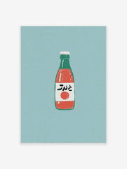 Retro Japanese soda bottle illustration wall art print with red drink and Japanese characters on a blue-green background.