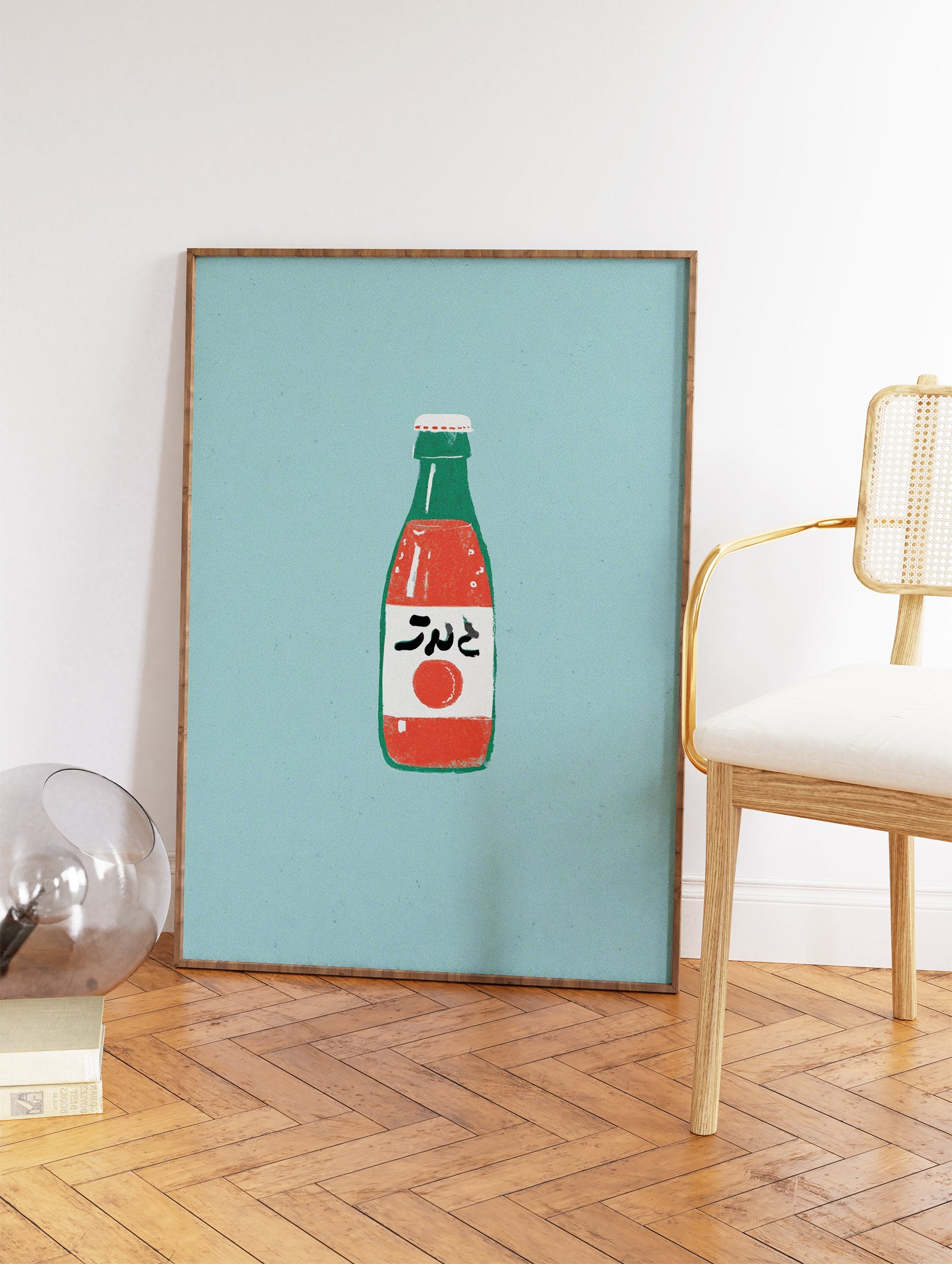 Retro Japanese soda bottle illustration wall art print with red drink and Japanese characters on a blue-green background. - Image 2