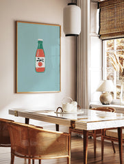 Retro Japanese soda bottle illustration wall art print with red drink and Japanese characters on a blue-green background. - Image 3