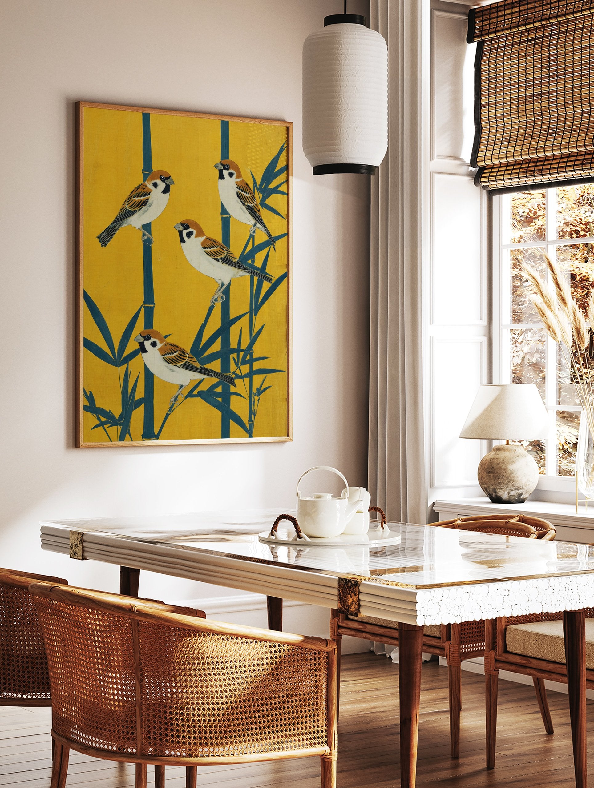 Japanese Sparrow Poster featuring four sparrows perched on teal bamboo stalks against a vibrant yellow background. - Image 2